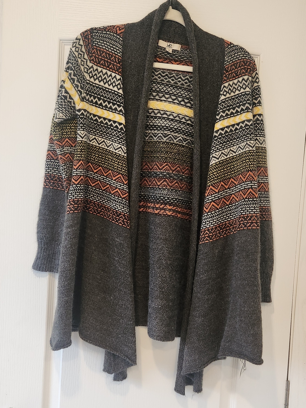Ya Los Angeles Charcoal Open-Front Cardigan with Yellow, Rust & Cream S Euc